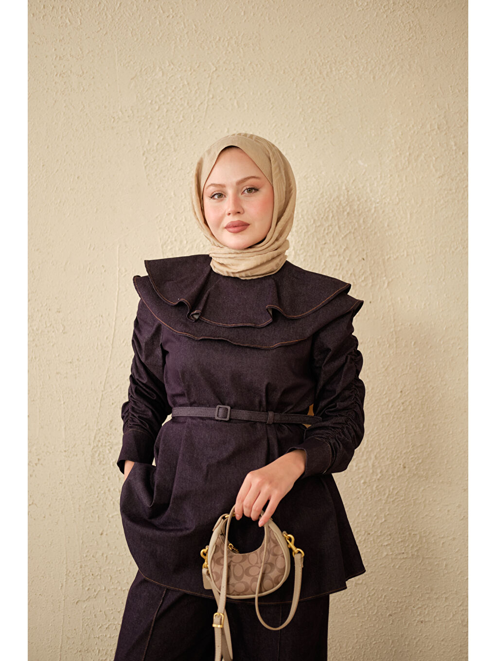 Kadın Yaka Ve Kol Büzgülü Kemer Bağlamalı Jean Takım Mor-2