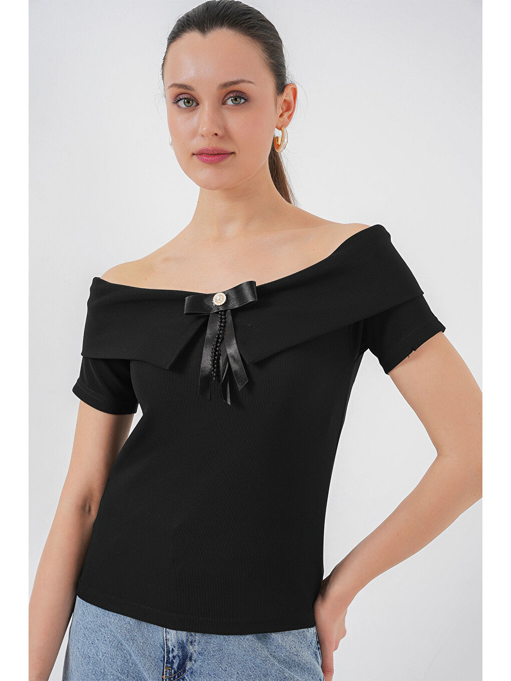 Kurdele Detaylı Örme Bluz 949 - Siyah-3