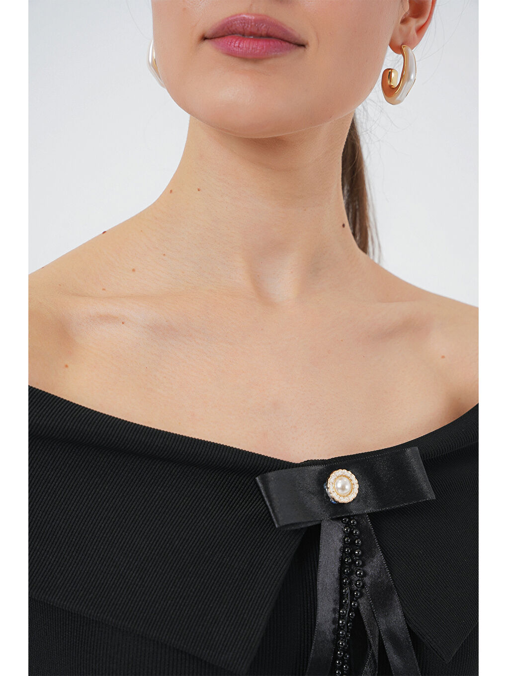 Kurdele Detaylı Örme Bluz 949 - Siyah-4