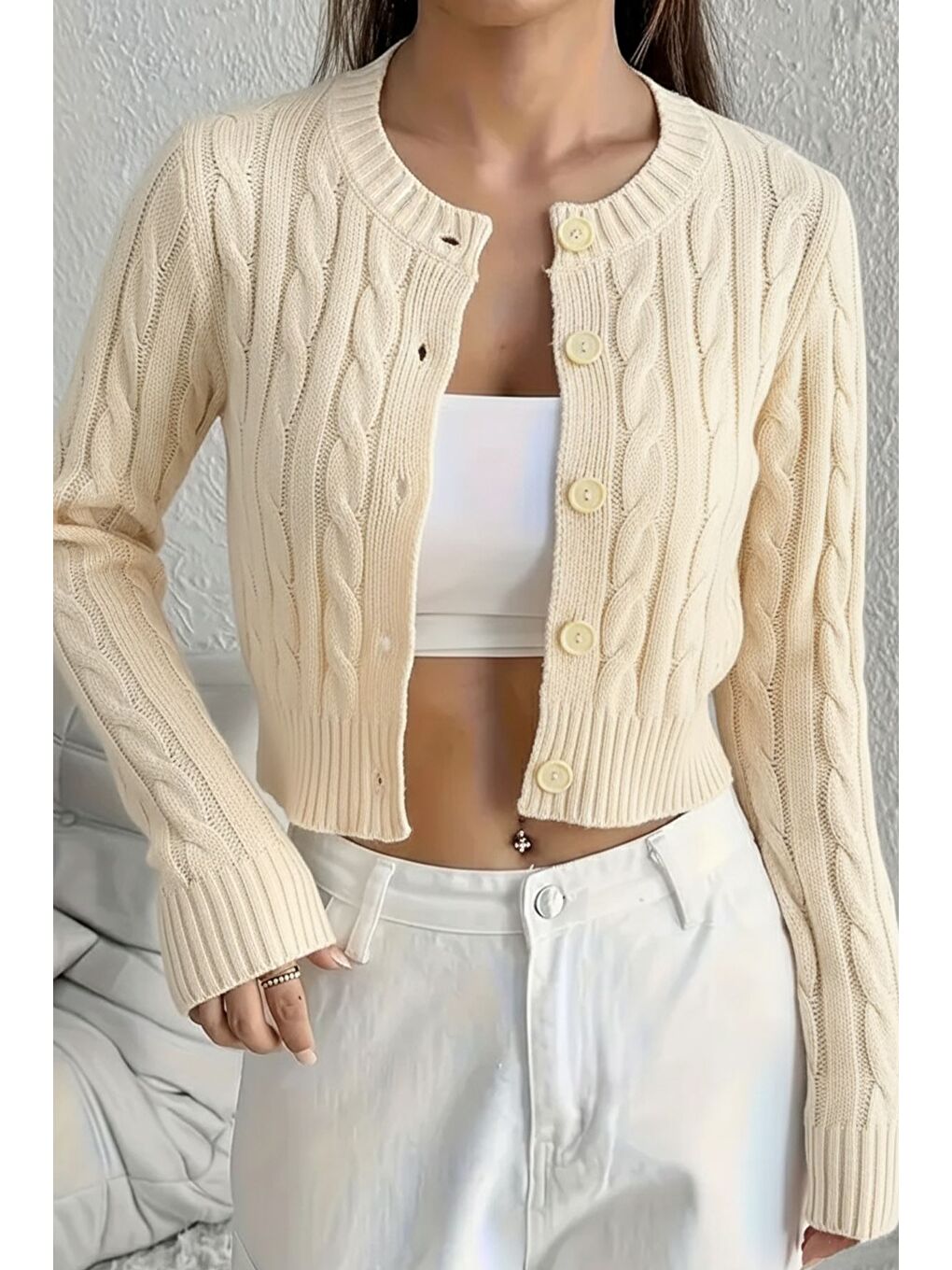 Ekru Örgü Desenli Kadın Triko Hırka (s,m,l Uyumludur)-2