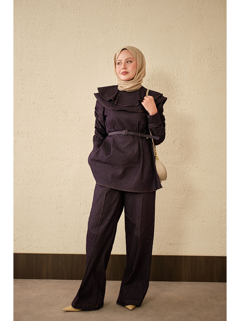 Kadın Yaka Ve Kol Büzgülü Kemer Bağlamalı Jean Takım Mor-3