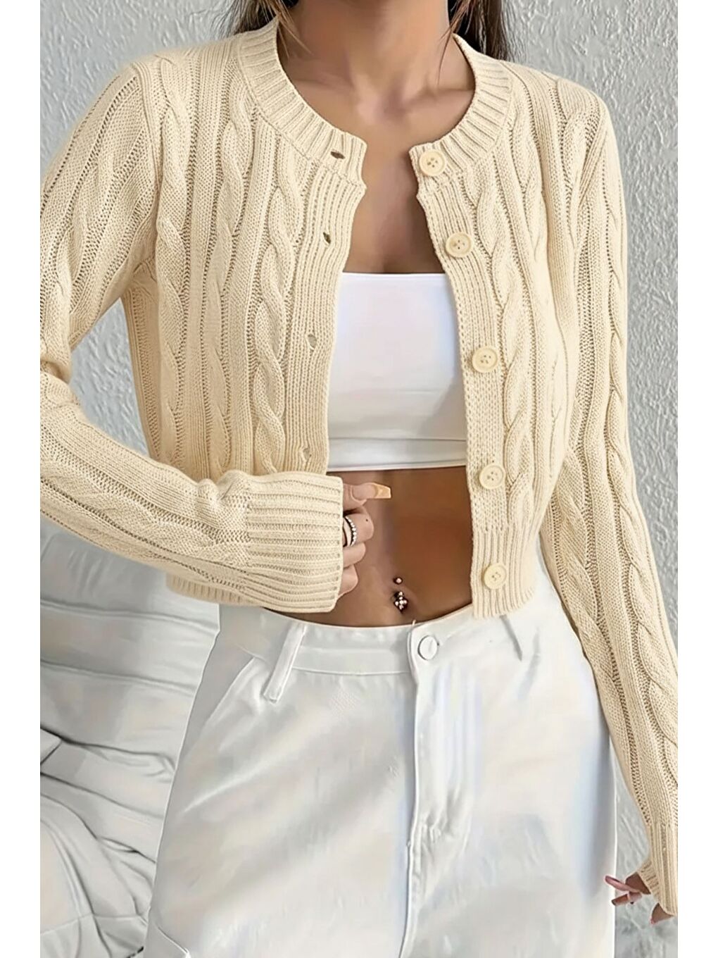 Ekru Örgü Desenli Kadın Triko Hırka (s,m,l Uyumludur)-3