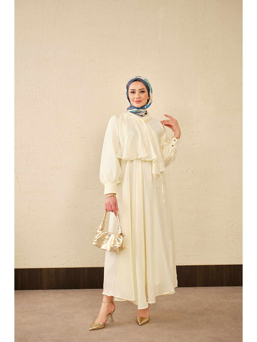 Kadın Tül Detay Şal Yaka Bel Bağlamalı Elbise Sarı