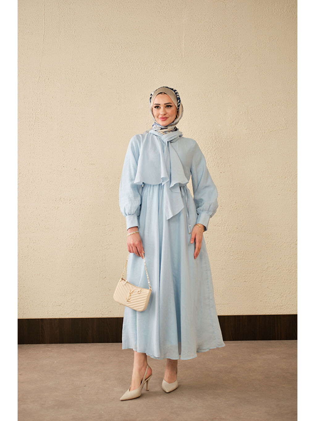 Kadın Tül Detay Şal Yaka Bel Bağlamalı Elbise Bebe Mavi-1