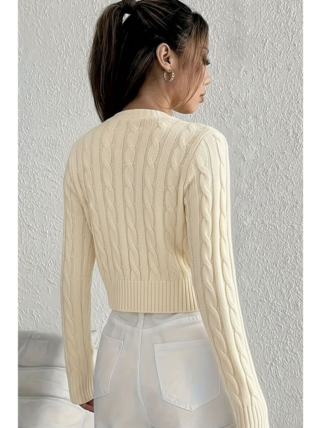 Ekru Örgü Desenli Kadın Triko Hırka (s,m,l Uyumludur)-4