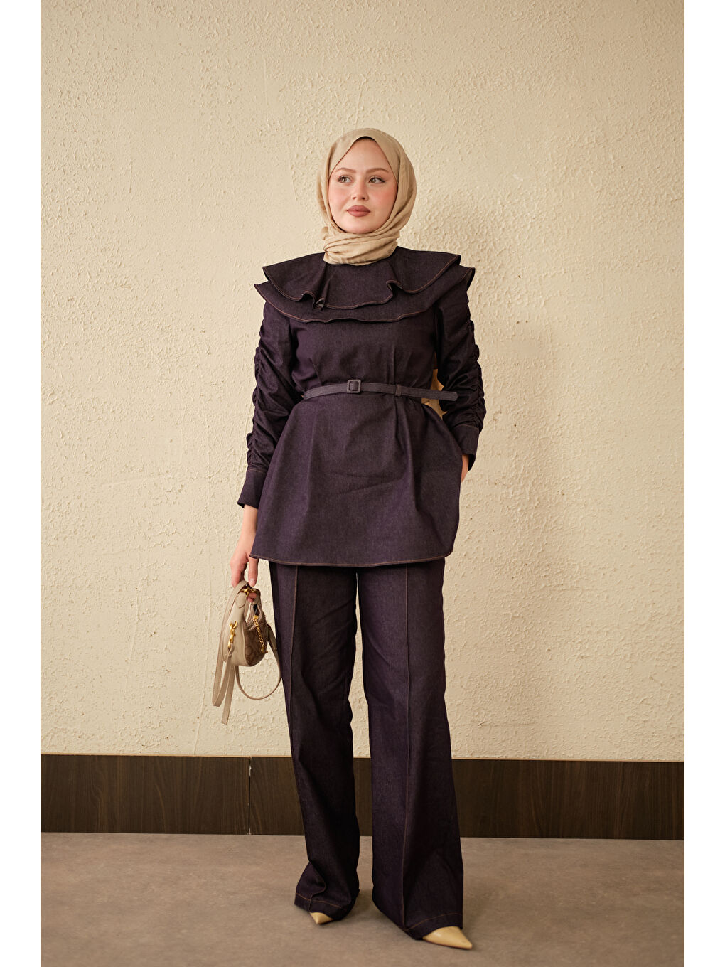 Kadın Yaka Ve Kol Büzgülü Kemer Bağlamalı Jean Takım Mor-4