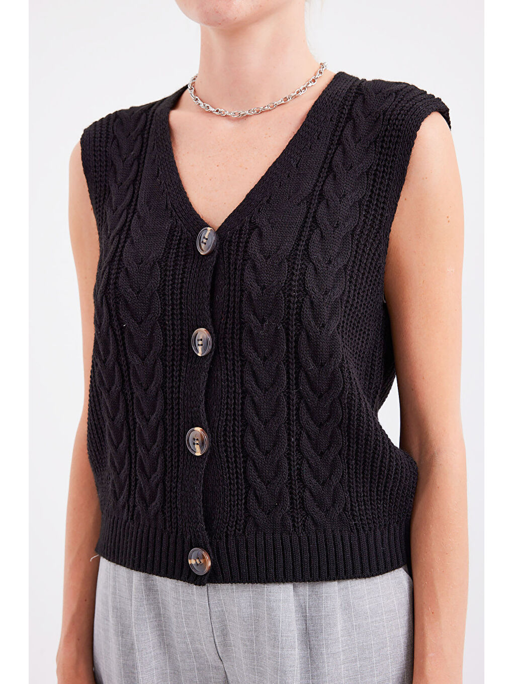 15882 Düğmeli Kısa Triko Yelek - Siyah-3