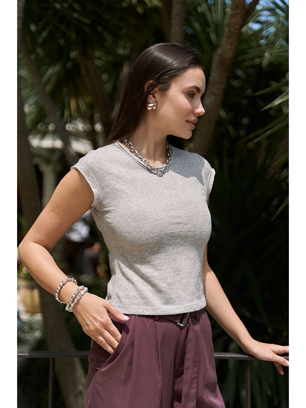 Kensal Dar Kesim Gri T-Shirt-4