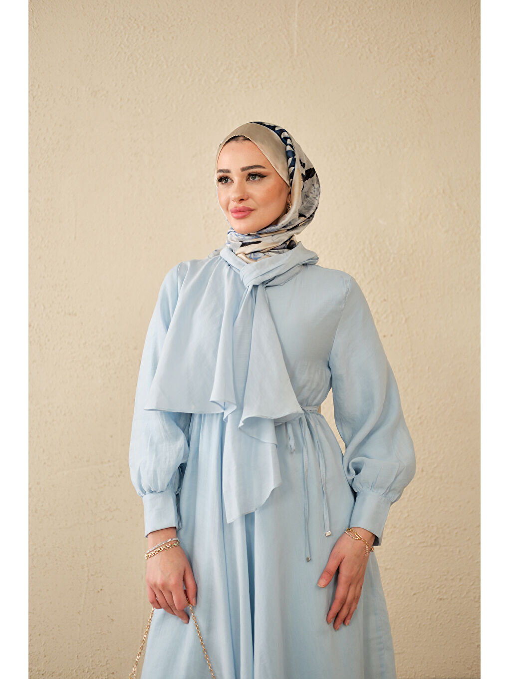 Kadın Tül Detay Şal Yaka Bel Bağlamalı Elbise Bebe Mavi-2