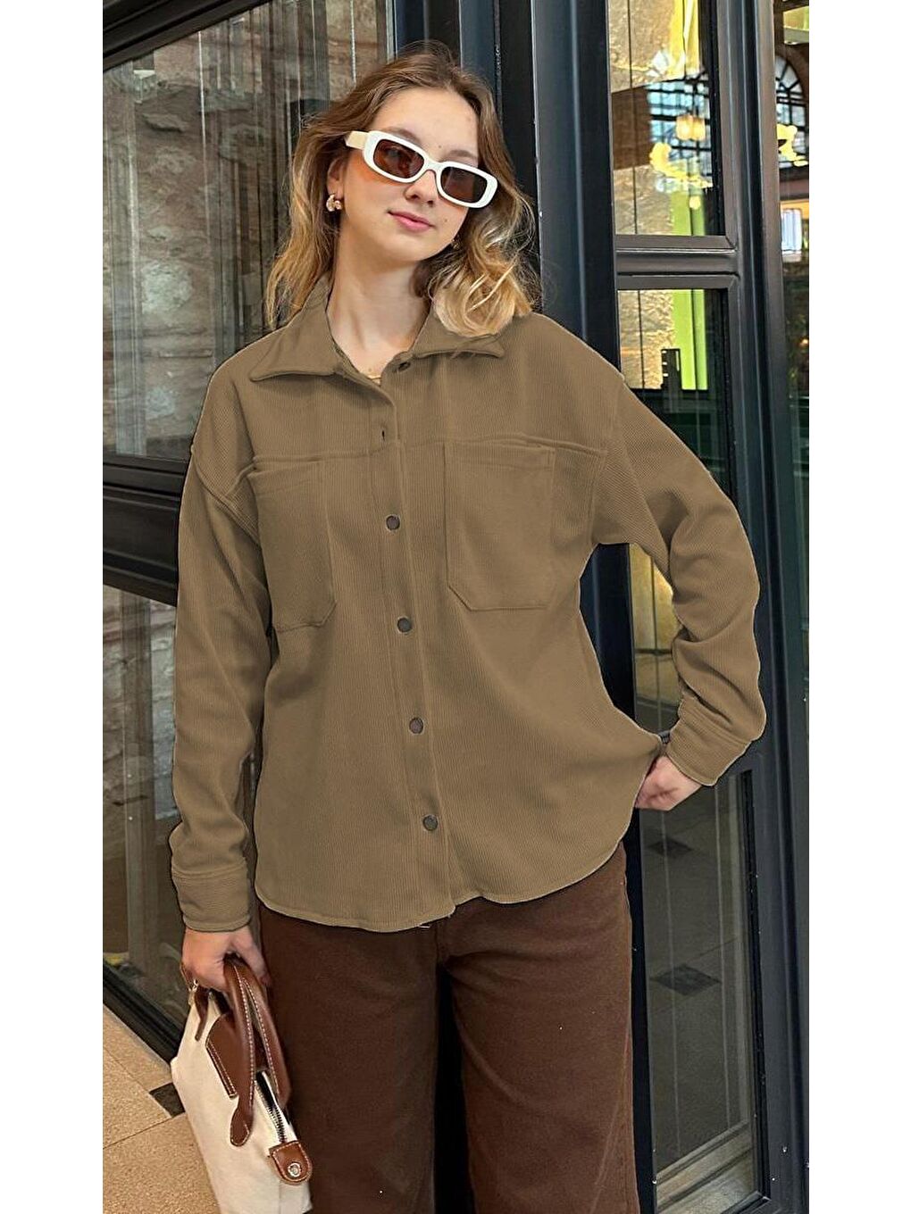 Kahverengi Camel Cep Detaylı Kadın Gömlek Mg2241-1