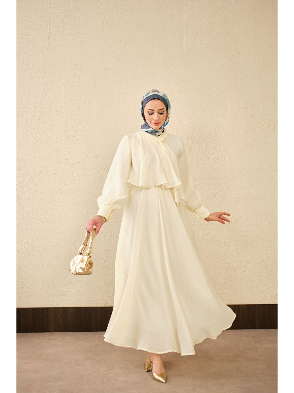 Kadın Tül Detay Şal Yaka Bel Bağlamalı Elbise Sarı-1