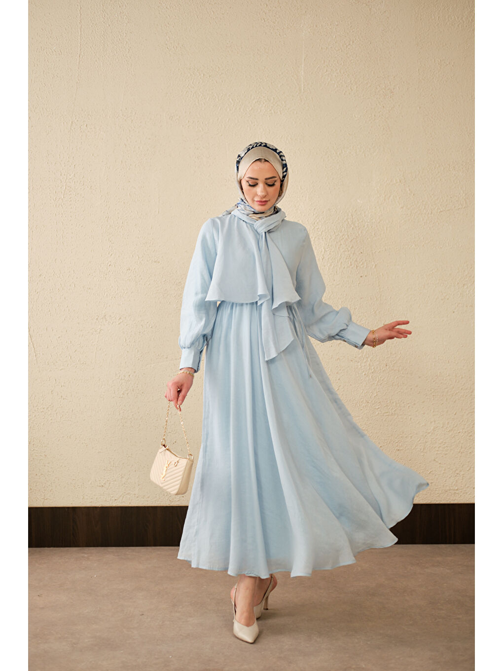 Kadın Tül Detay Şal Yaka Bel Bağlamalı Elbise Bebe Mavi-3