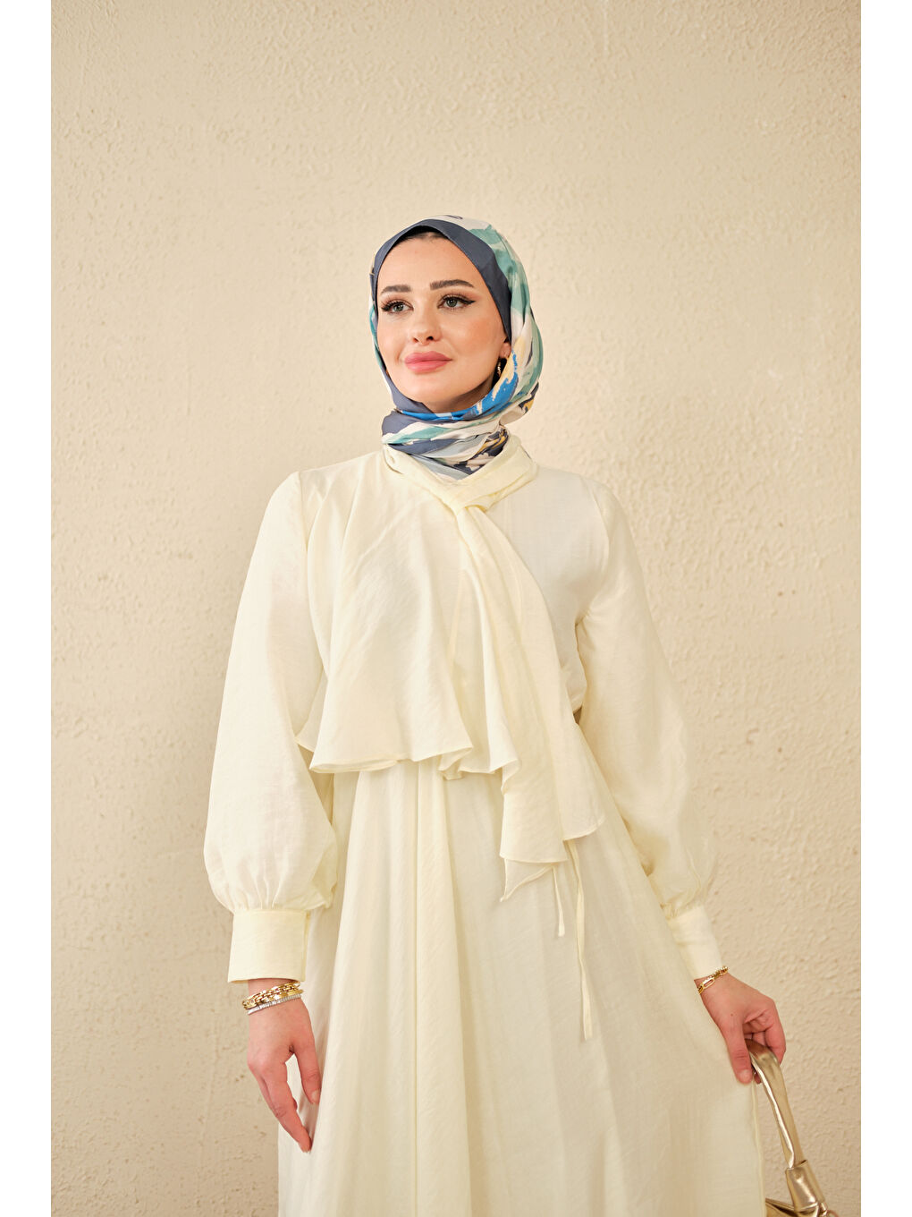 Kadın Tül Detay Şal Yaka Bel Bağlamalı Elbise Sarı-2