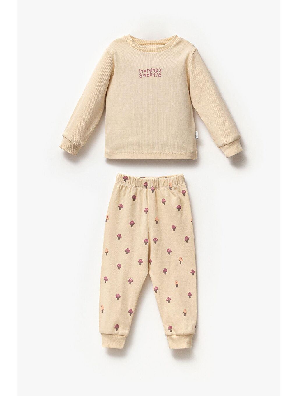 Bej Kız Çocuk Mantar Desenli Pijama Pamuklu Sweatshirt Eşofman Alt-Üst Takım