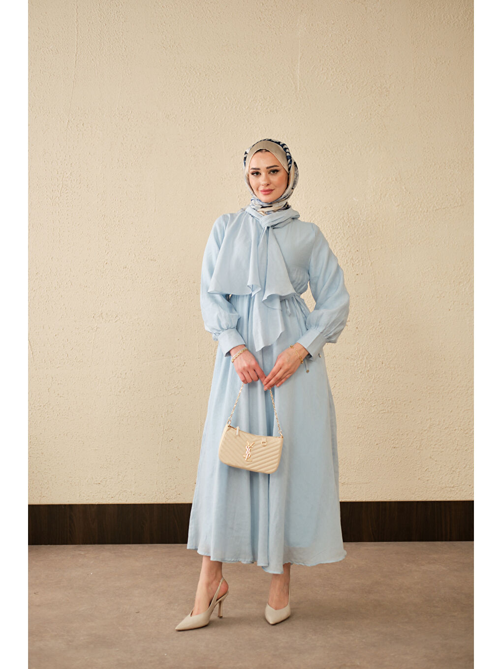 Kadın Tül Detay Şal Yaka Bel Bağlamalı Elbise Bebe Mavi-4