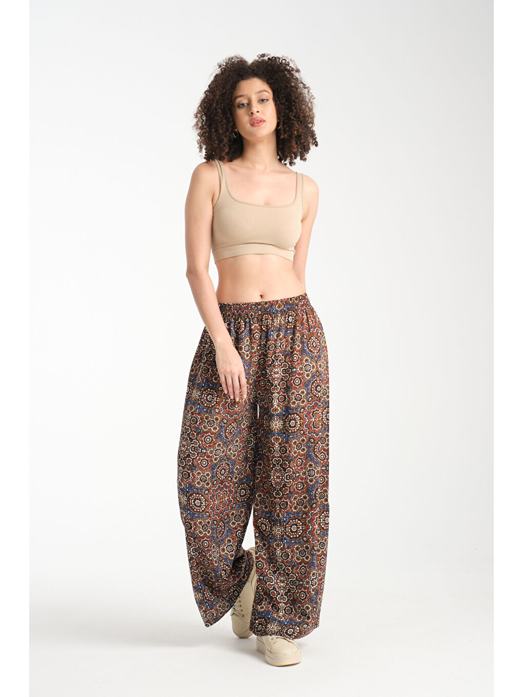 Kahverengi Kadın Desenli Dökümlü Viskon Pantolon 1062-1