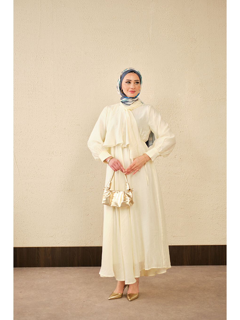 Kadın Tül Detay Şal Yaka Bel Bağlamalı Elbise Sarı-3