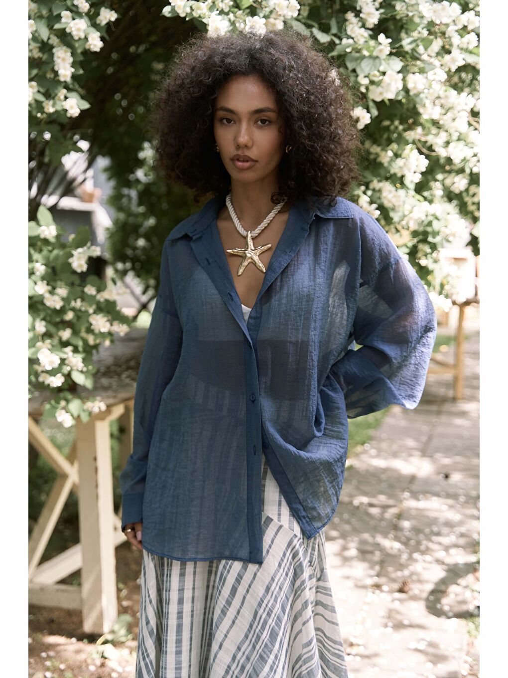 Syaritta Oversize İndigo Transparan Gömlek-3