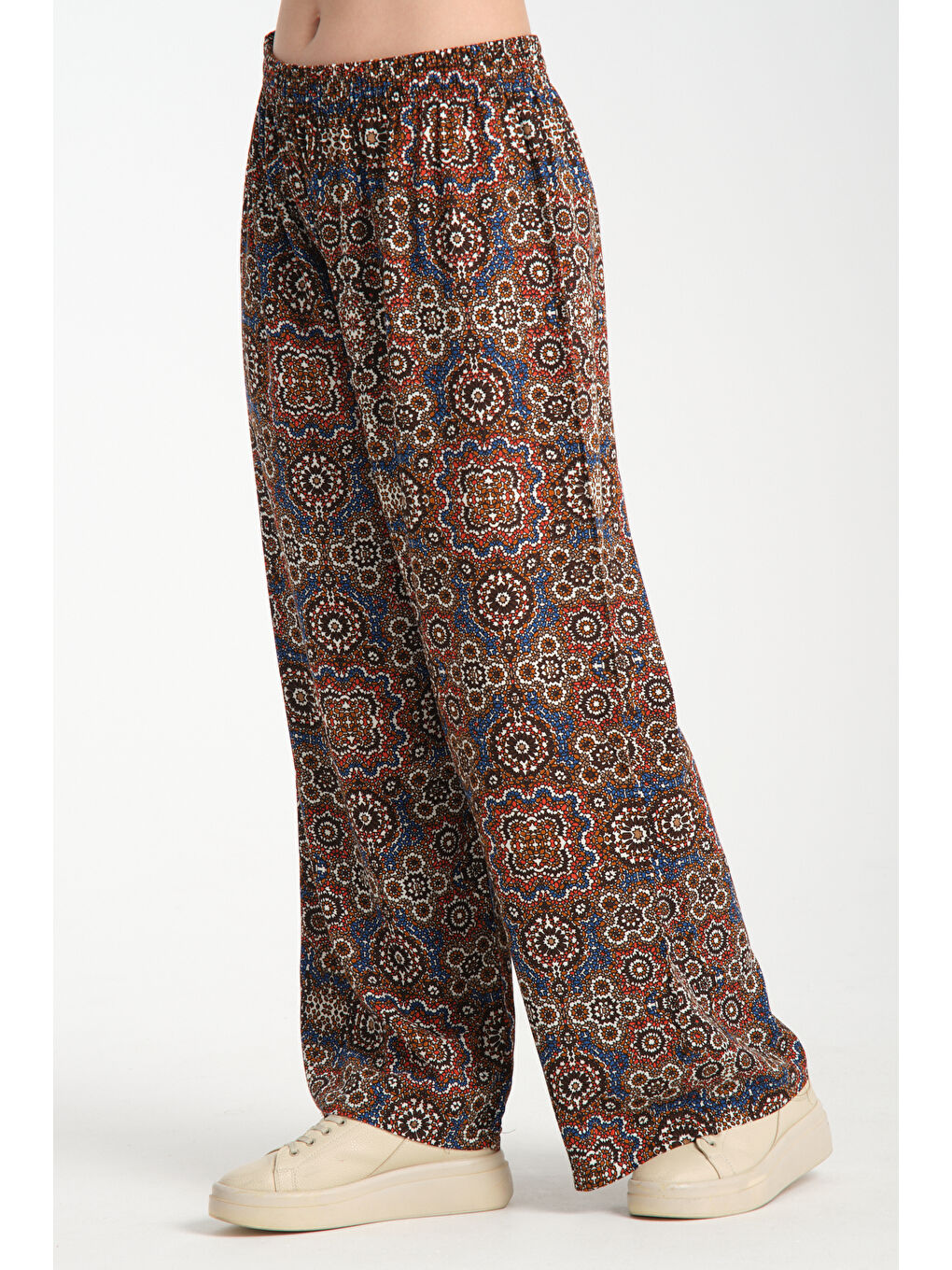 Kahverengi Kadın Desenli Dökümlü Viskon Pantolon 1062-2