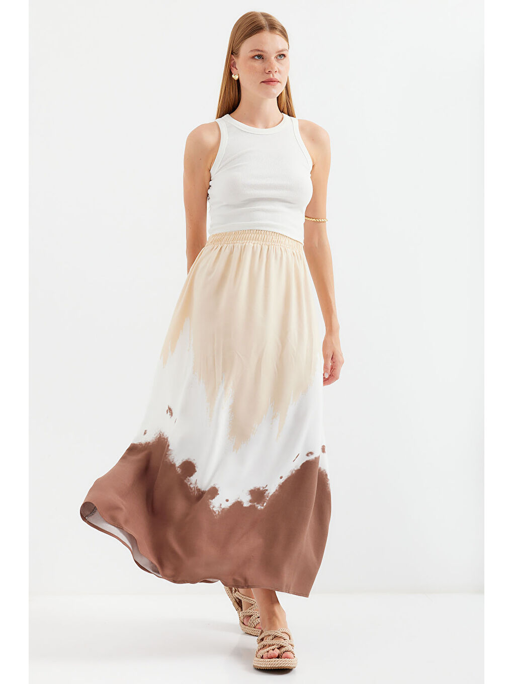 8025 Desenli Uzun Viskon Etek - Bej