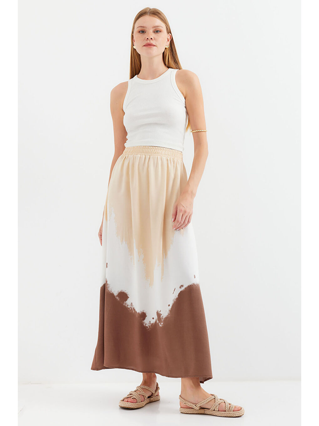 8025 Desenli Uzun Viskon Etek - Bej-1