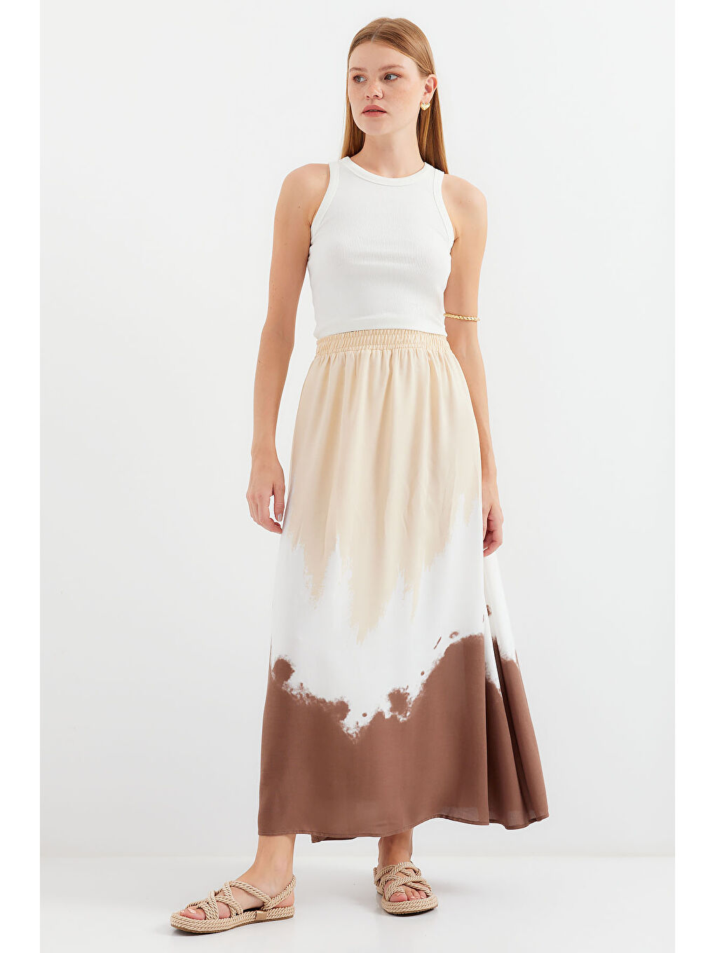 8025 Desenli Uzun Viskon Etek - Bej-3