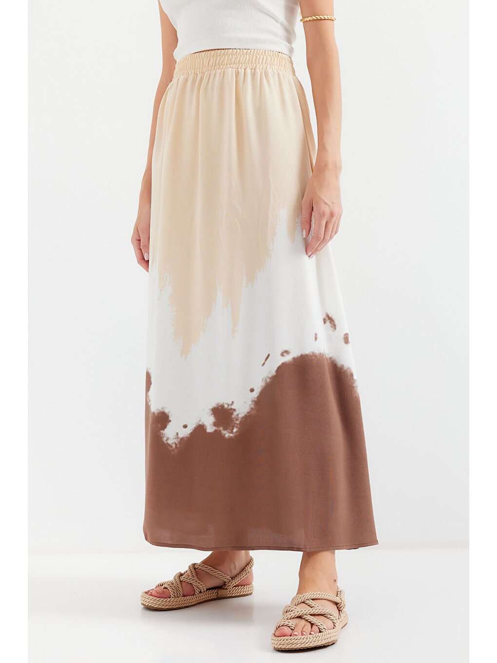 8025 Desenli Uzun Viskon Etek - Bej-4