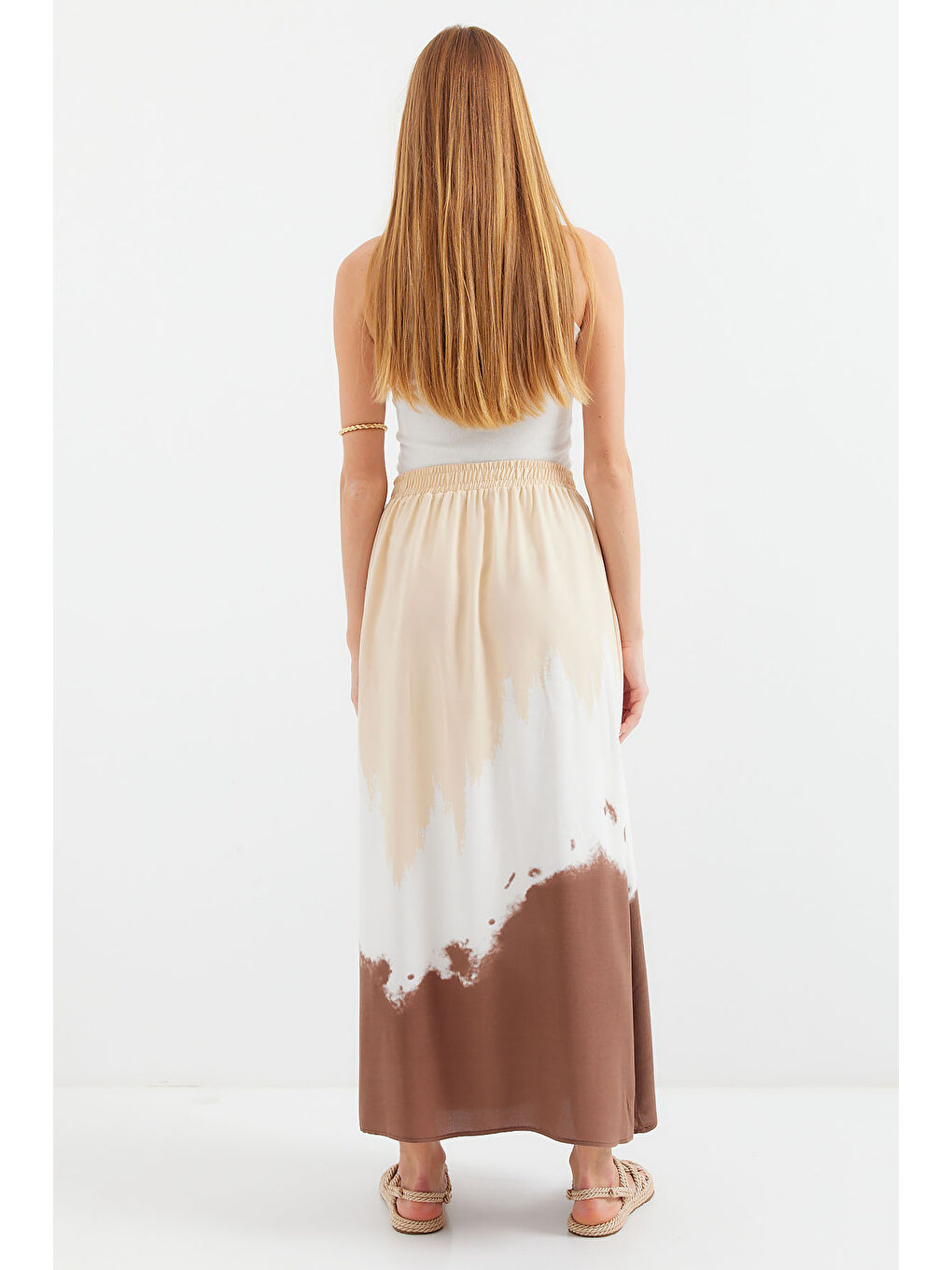8025 Desenli Uzun Viskon Etek - Bej-6