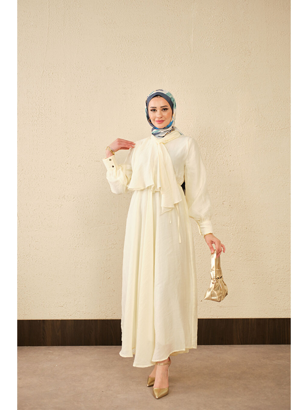 Kadın Tül Detay Şal Yaka Bel Bağlamalı Elbise Sarı-4