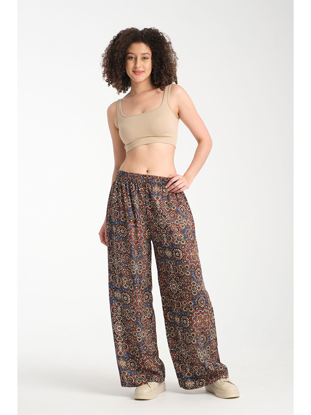 Kahverengi Kadın Desenli Dökümlü Viskon Pantolon 1062-4