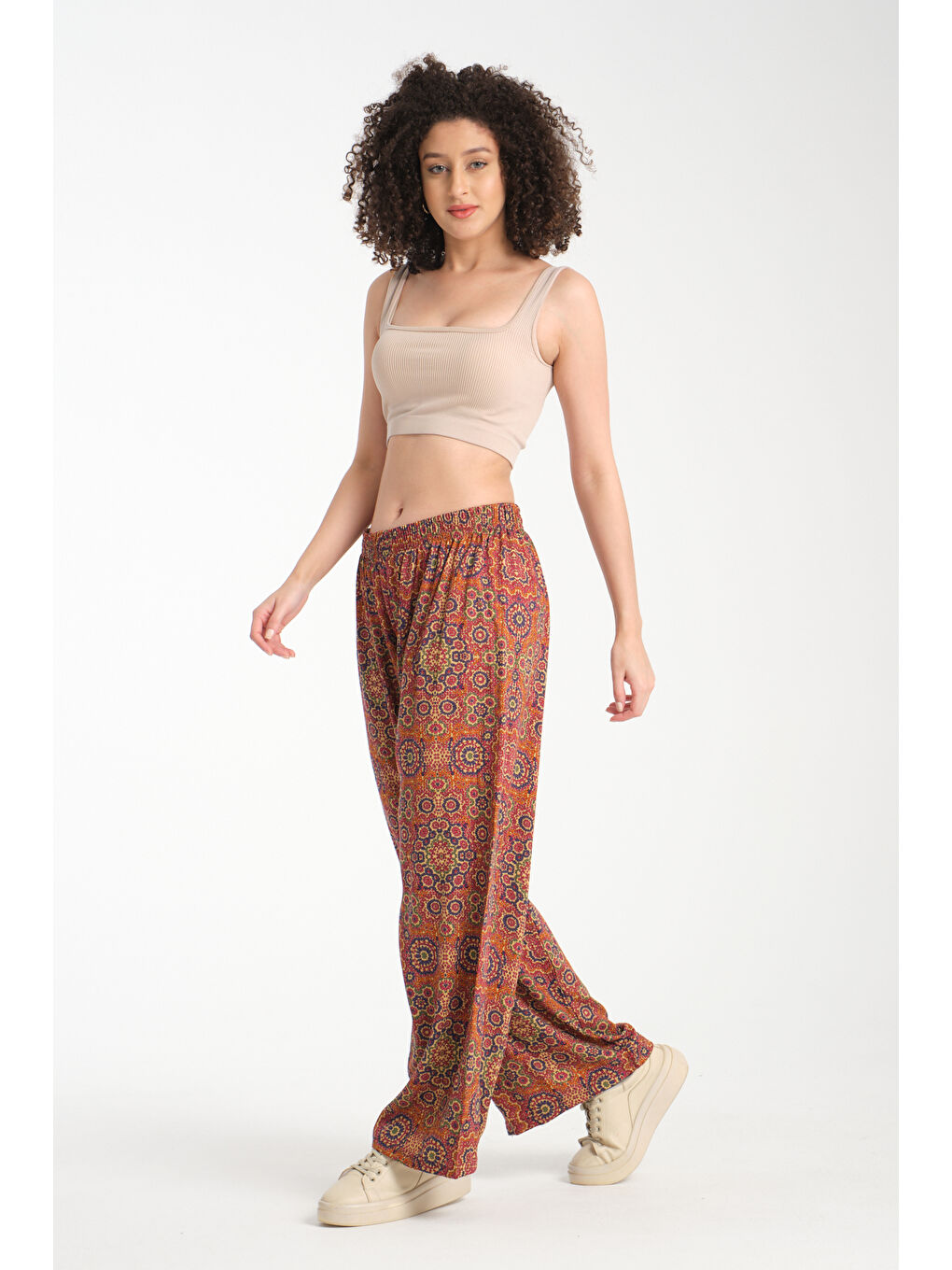 Turuncu Kadın Desenli Dökümlü Viskon Pantolon 1062-1