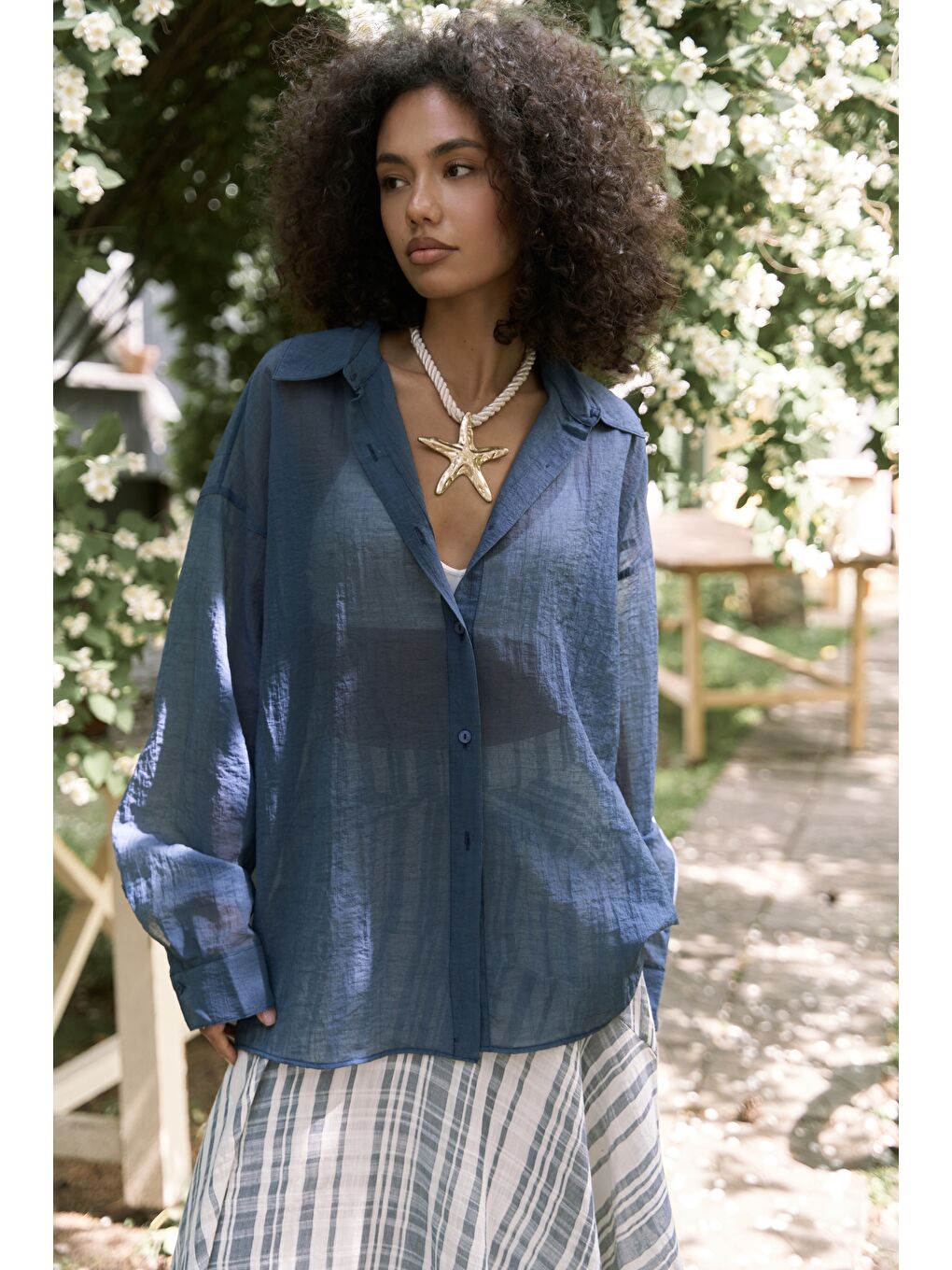 Syaritta Oversize İndigo Transparan Gömlek-6