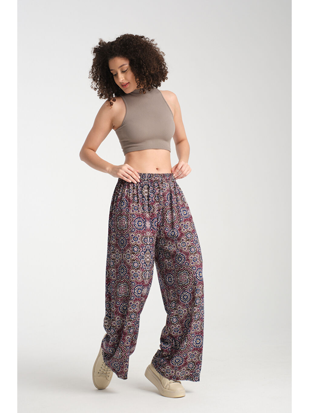 Lacivert Kadın Desenli Dökümlü Viskon Pantolon 1062-1