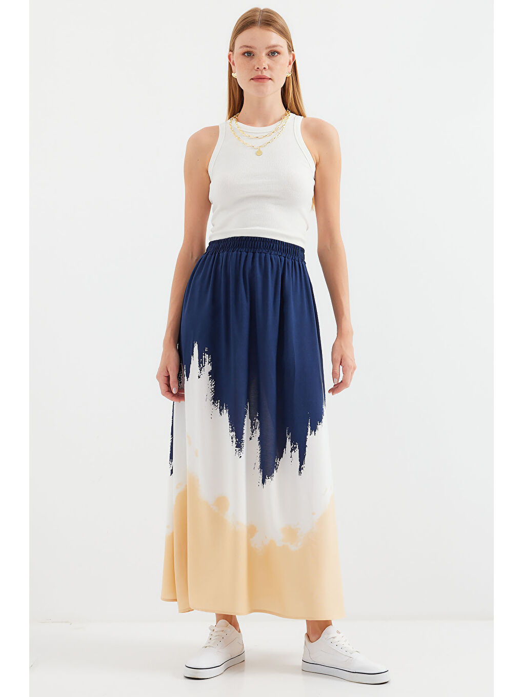 8025 Desenli Uzun Viskon Etek - Lacivert-2