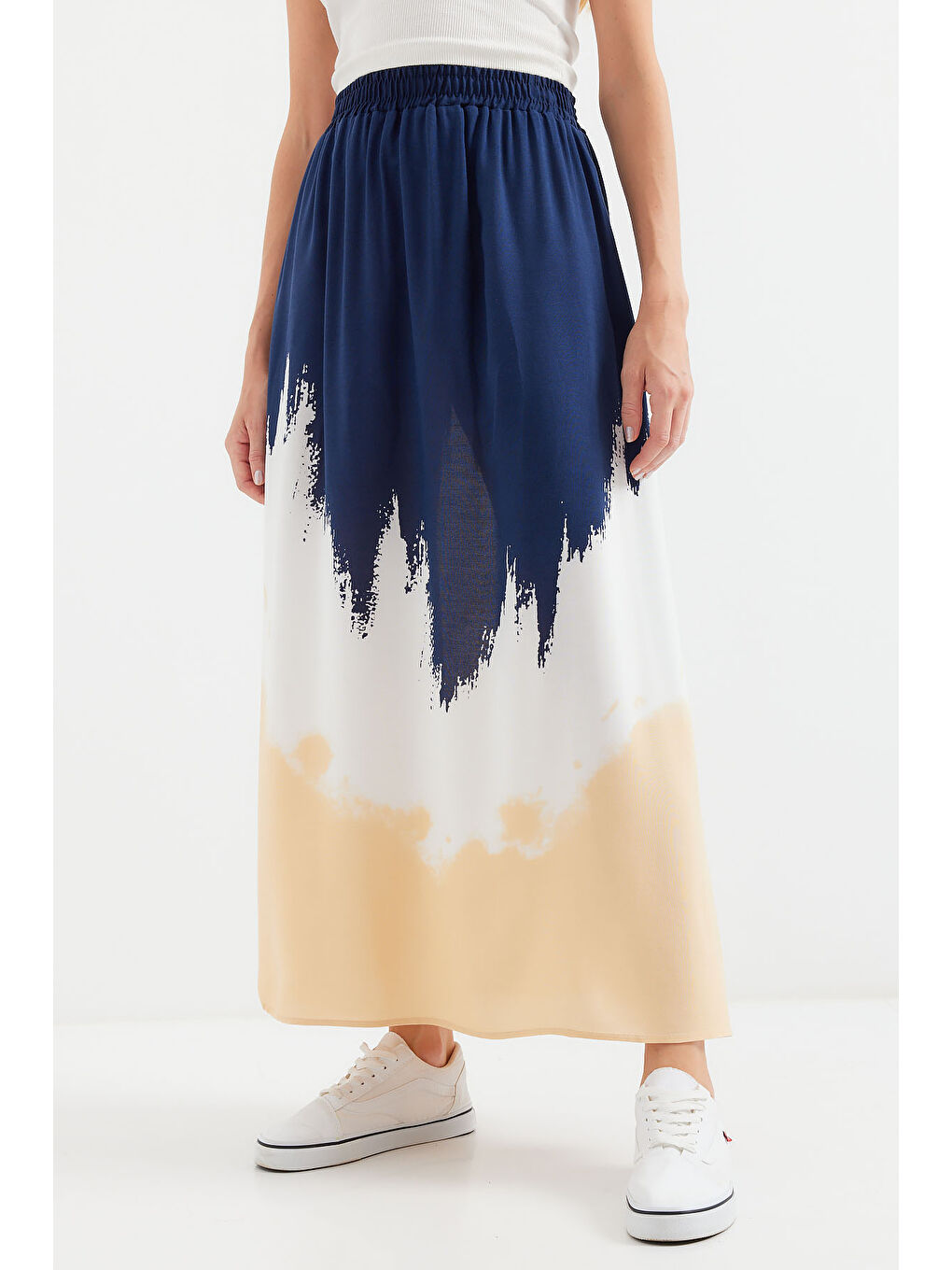 8025 Desenli Uzun Viskon Etek - Lacivert-3