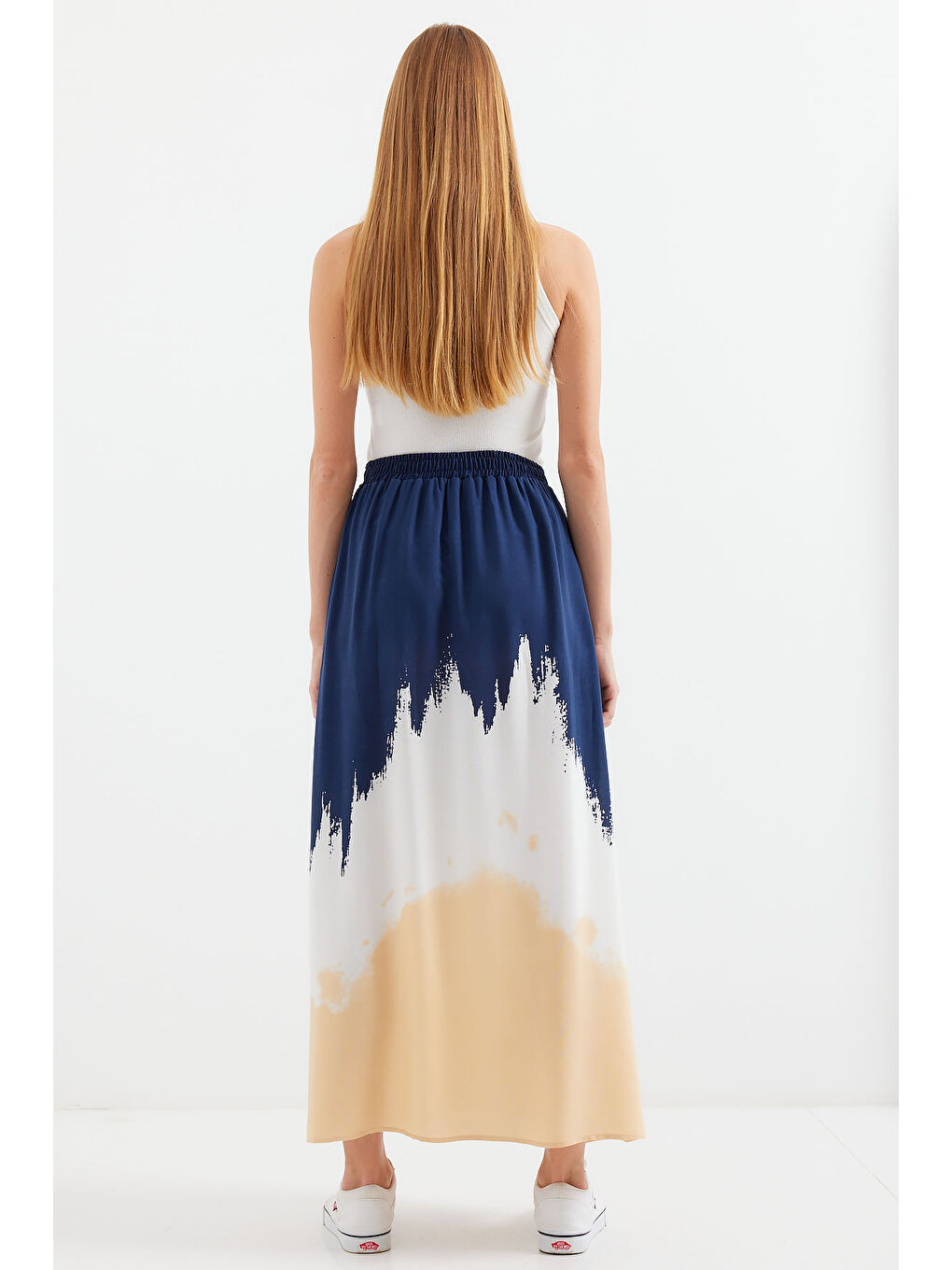 8025 Desenli Uzun Viskon Etek - Lacivert-5