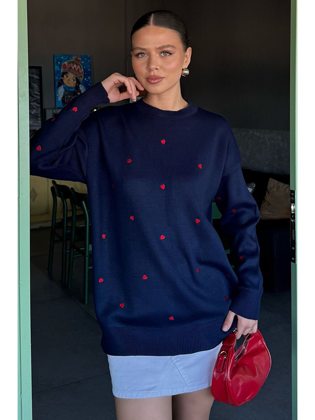 Lacivert Kadın Kalp Nakışlı Triko Kazak