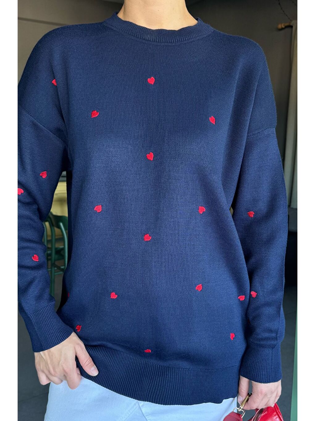 Lacivert Kadın Kalp Nakışlı Triko Kazak-1