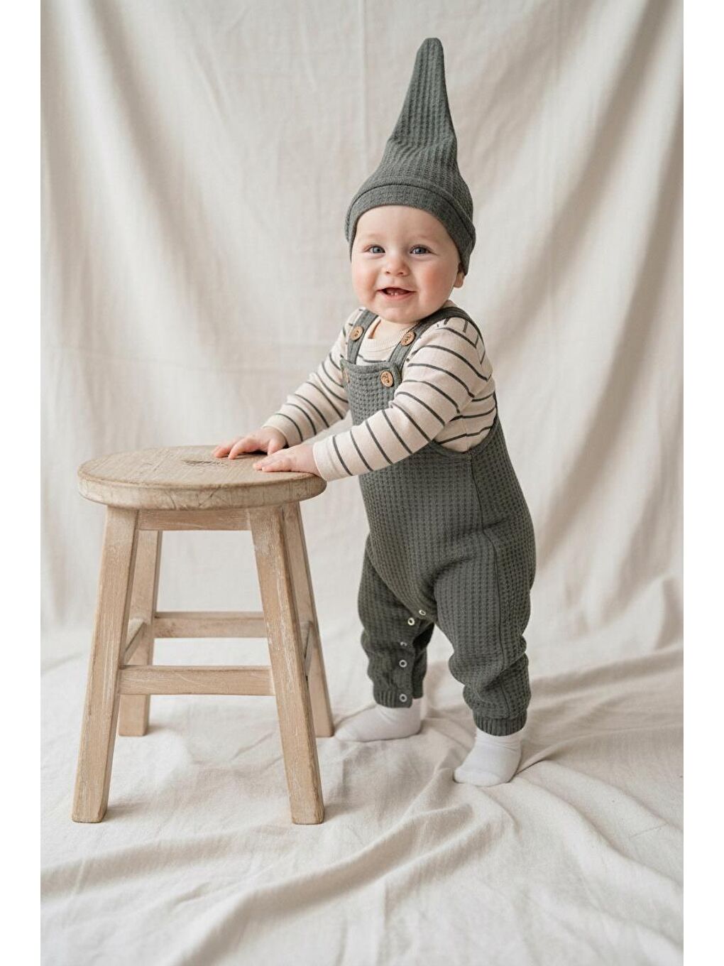 Haki Elastanlı Gofre Salopet Sweat Bere 3lü Takım