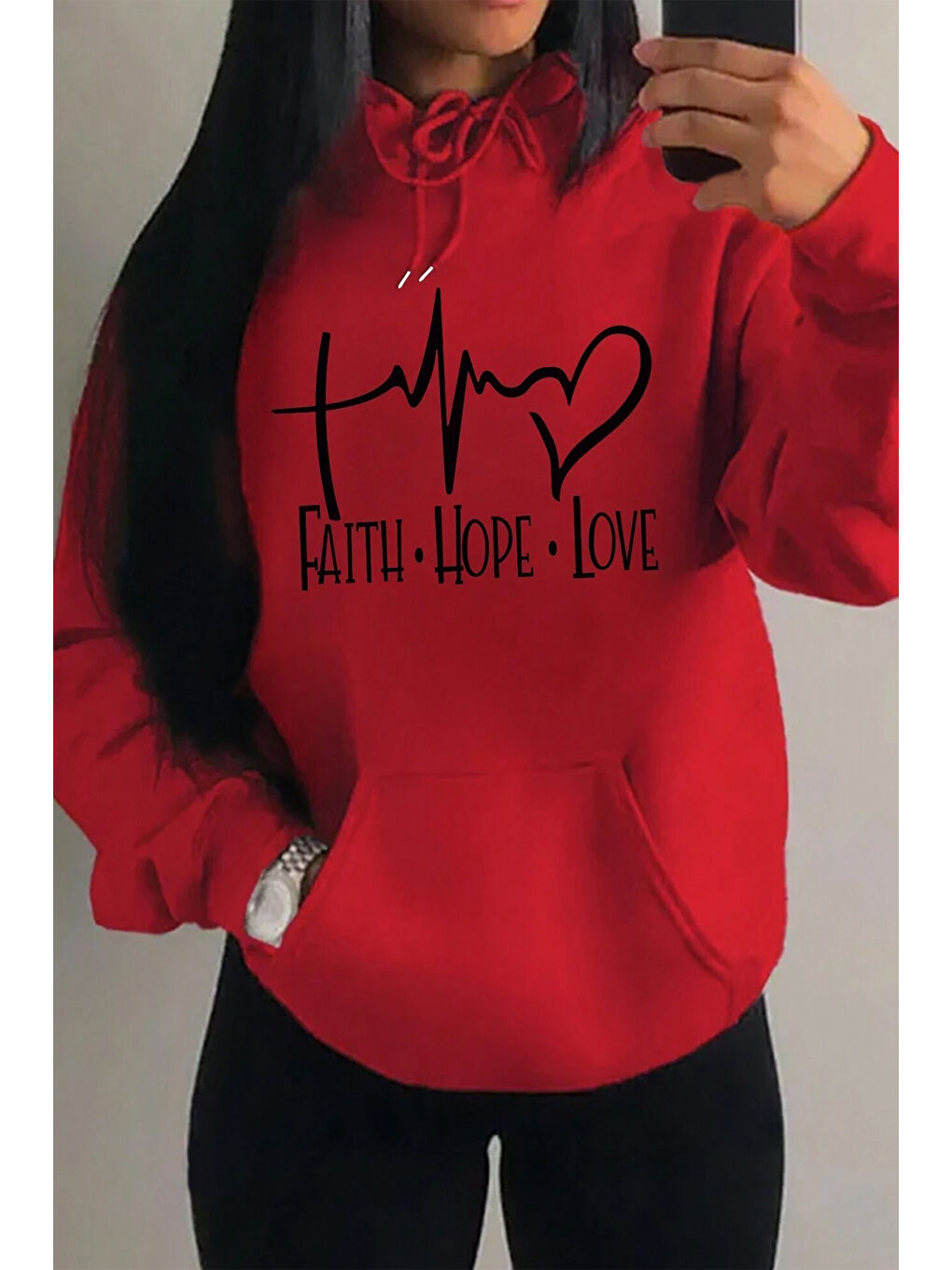 uyguntarz Kırmızı Faith Hope Love Baskılı Oversize Sweatshirt