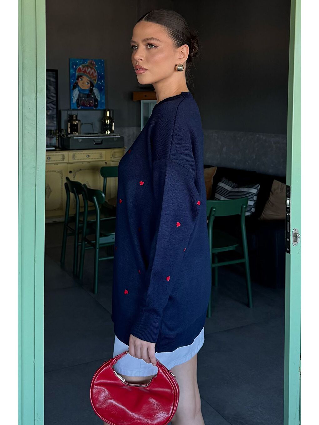Lacivert Kadın Kalp Nakışlı Triko Kazak-2