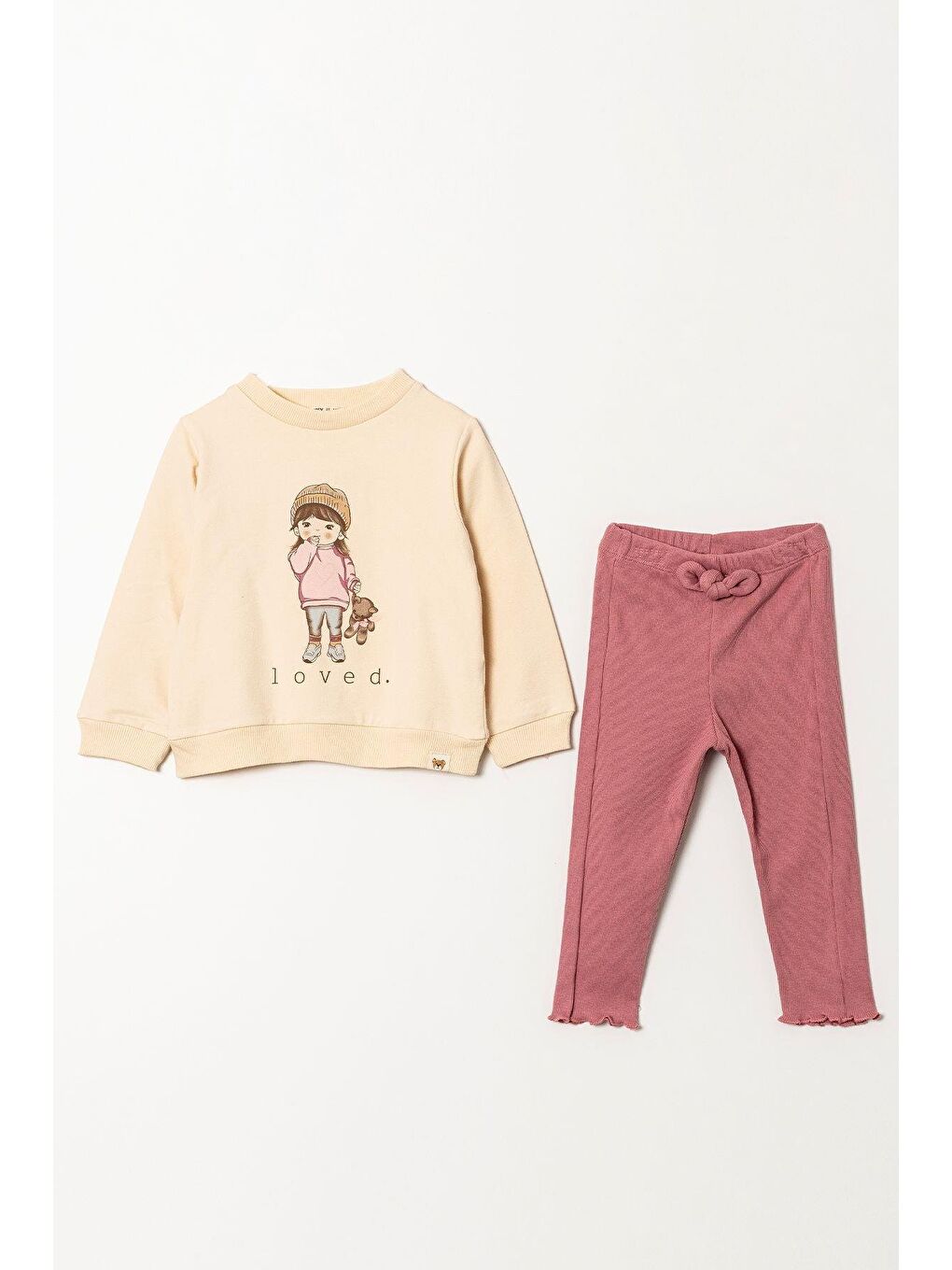 Pembe Kız Çocuk Loved Desenli Pamuklu Sweatshirt Tayt Alt-Üst Takım-2
