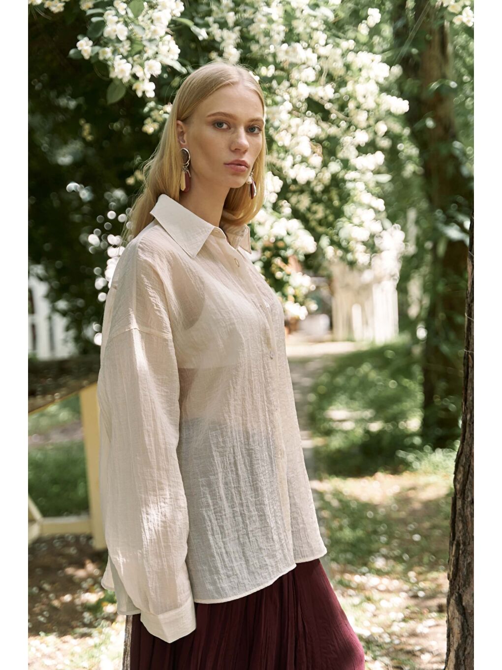 Syaritta Oversize Bej Transparan Gömlek-1