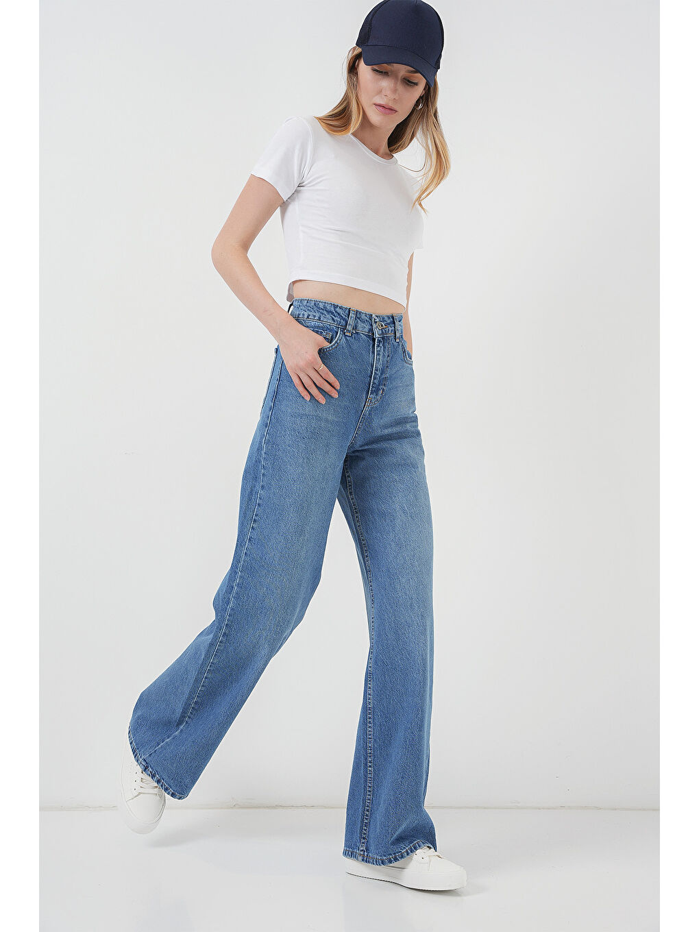 6702 Kadın Bol Paça Yüksek Bel Palazzo Jean Pantolon   Lacivert