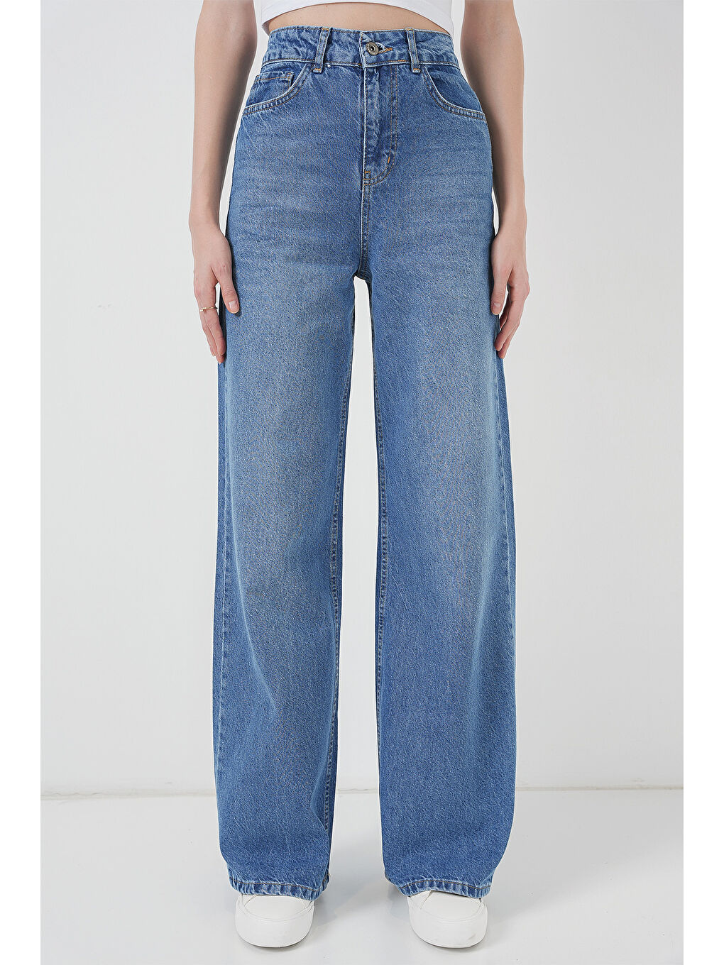 6702 Kadın Bol Paça Yüksek Bel Palazzo Jean Pantolon   Lacivert-1