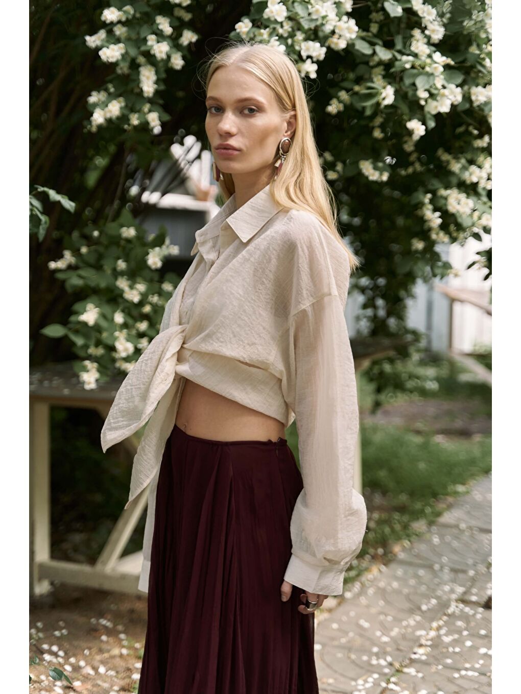 Syaritta Oversize Bej Transparan Gömlek-3