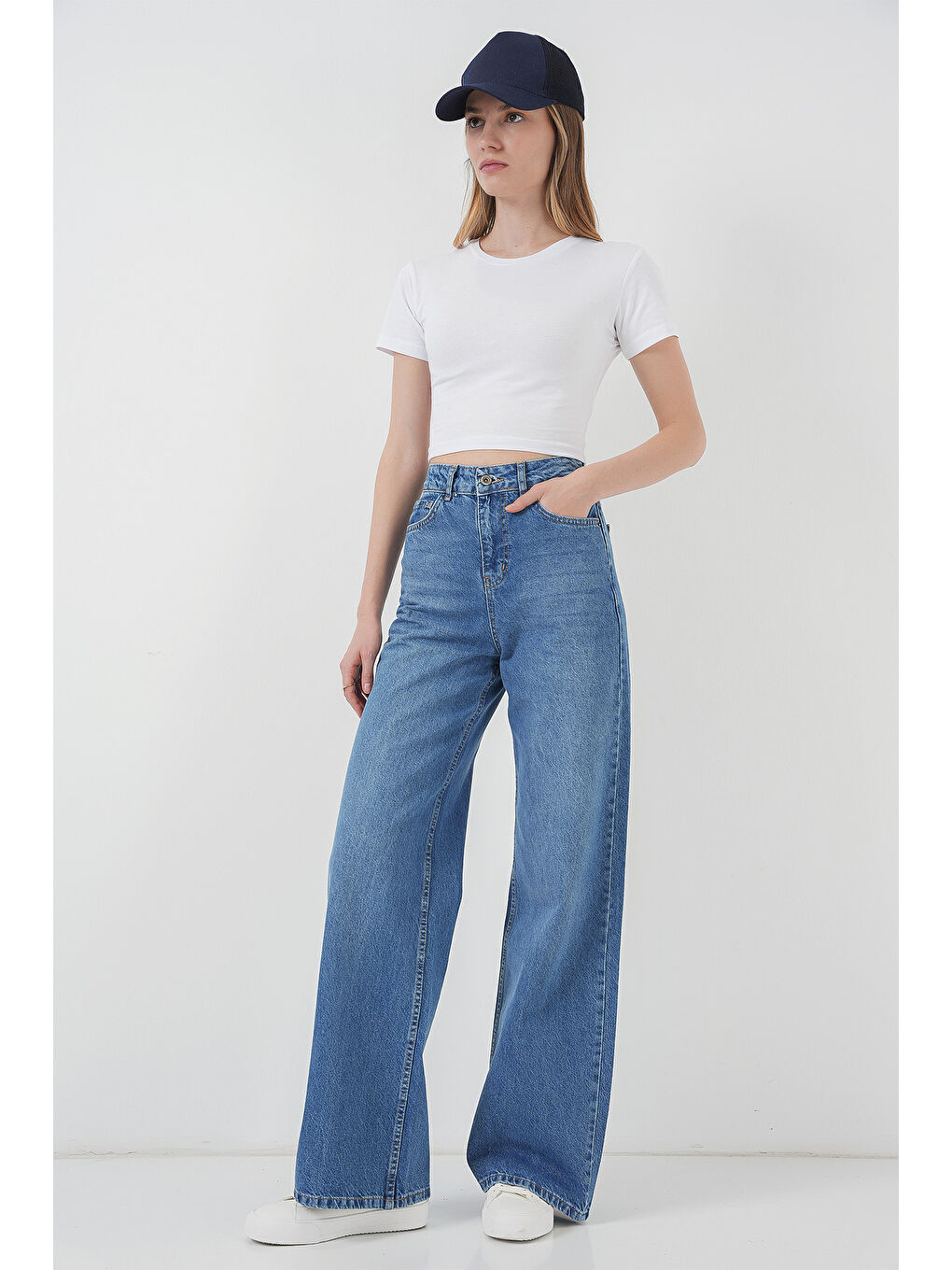 6702 Kadın Bol Paça Yüksek Bel Palazzo Jean Pantolon   Lacivert-2