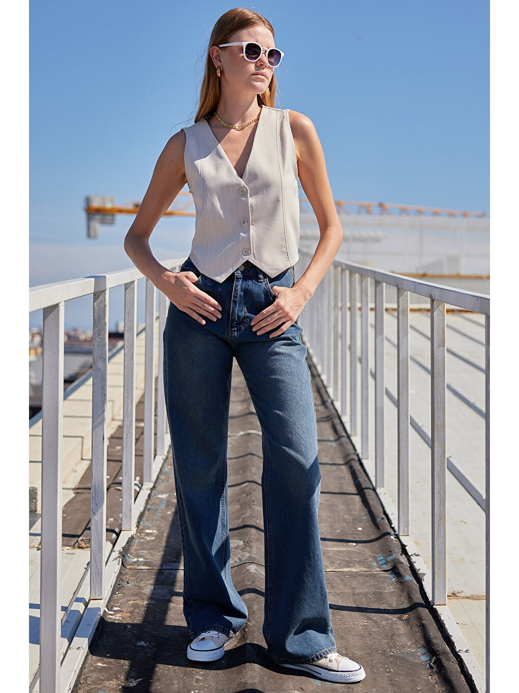 6794 Çizgili Dokuma Yelek - Bej-1