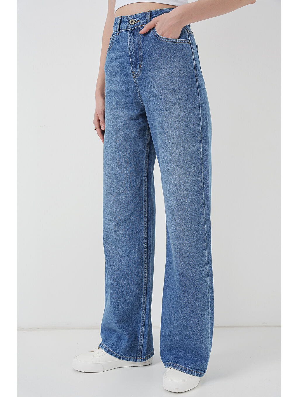 6702 Kadın Bol Paça Yüksek Bel Palazzo Jean Pantolon   Lacivert-3