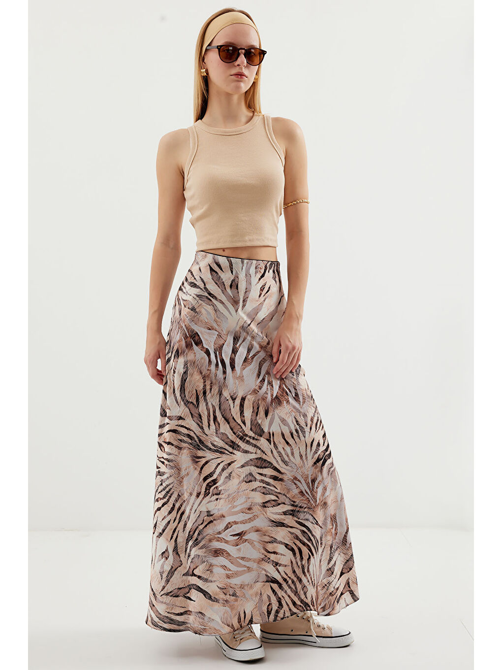 Kadın Desenli Saten Etek 15877 - Bej-1